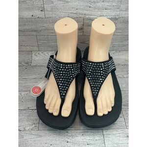 Fitflop Glitzie Black Diamante Toe Thong Sandals Womens US 8 Comfort Slides